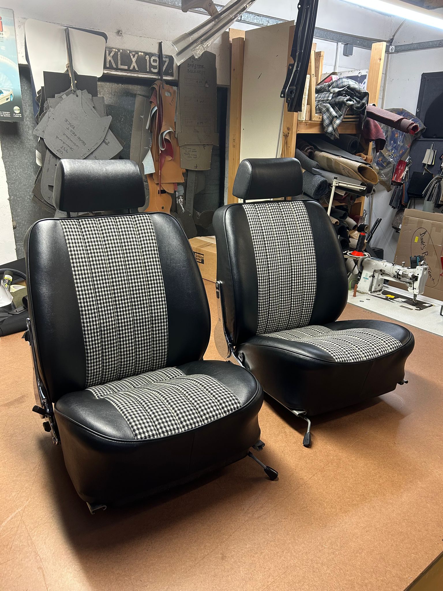 @ &pound; 1525 the pair , trimmed in Pepita Black / White code 730 centres, black leatherette 702